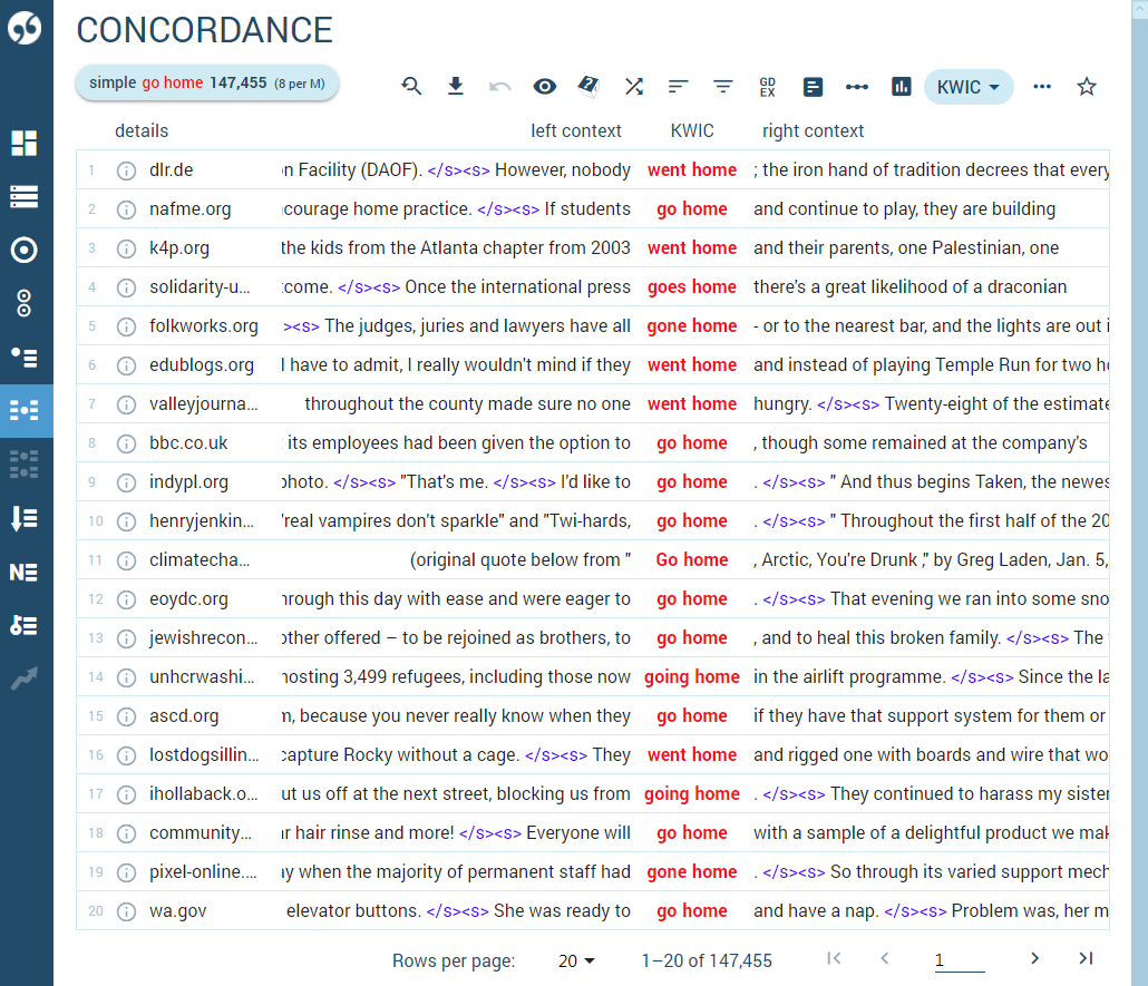 Concordance result screen