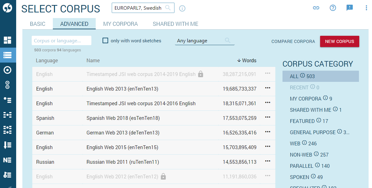 How to select a corpus. select a corpus - advanced tab