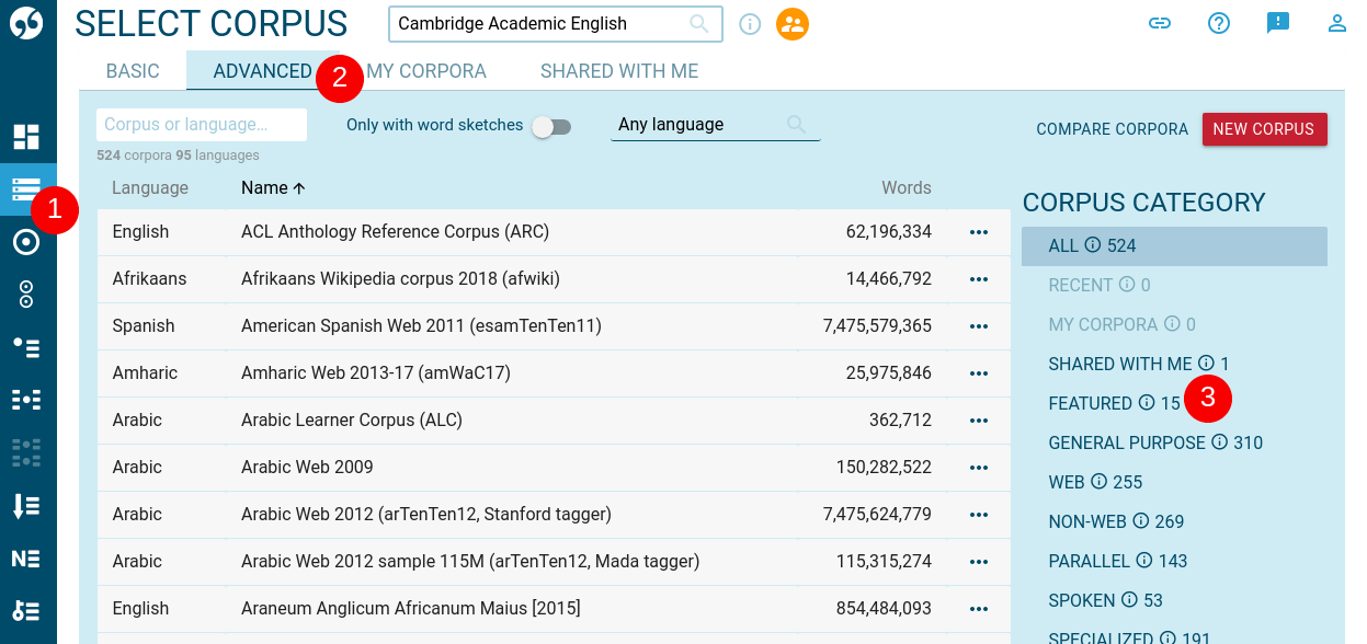 select featured corpora